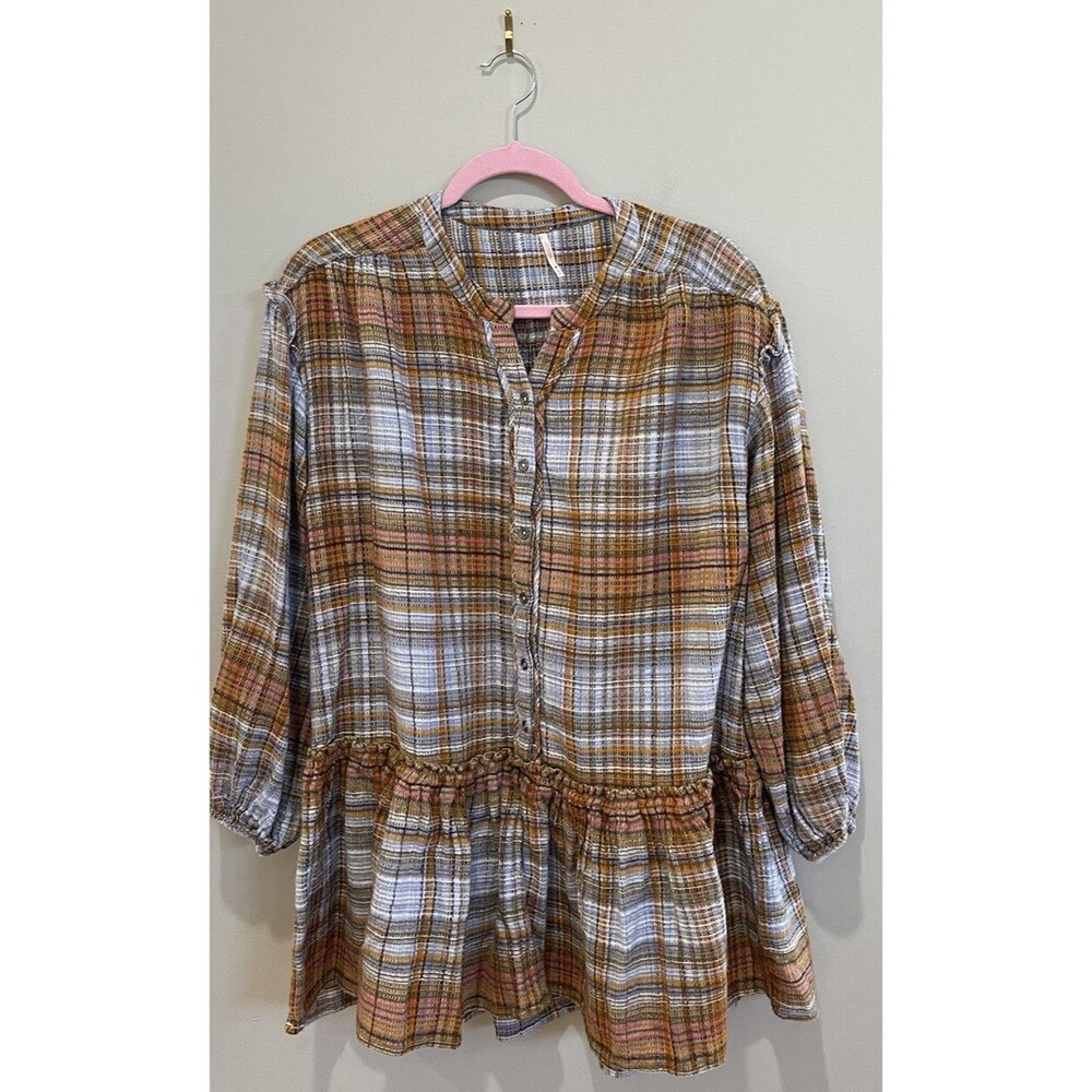 Free People Dress Mini Tunic Oversized Women Alexa Blue Plaid Boho Medium New